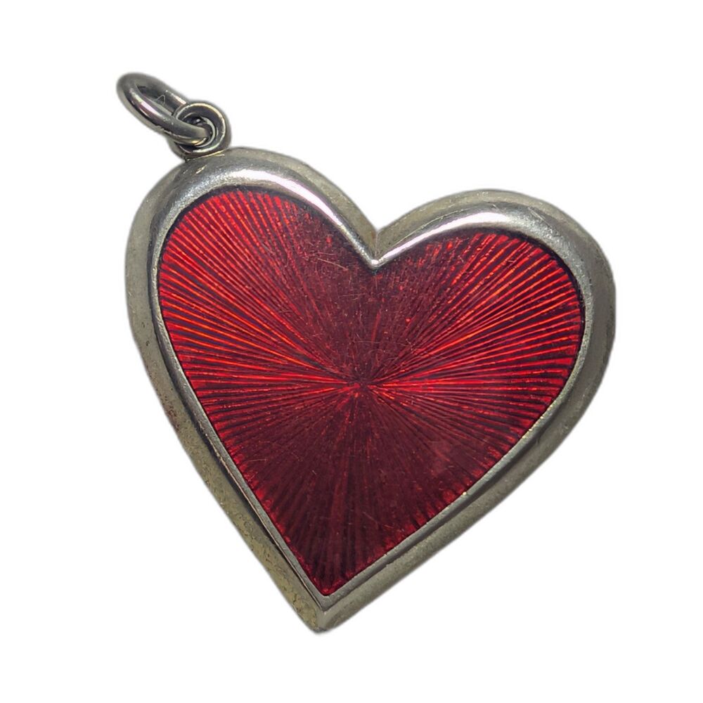 Vintage Red Enamel Heart Pendant Large Sunburst Statement Charm 1.5"